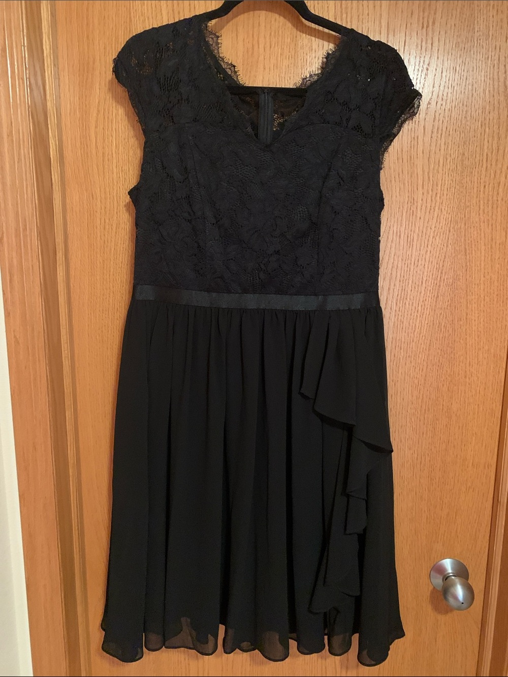 Women's Black Lace Midi Dress with Ruffle Skirt